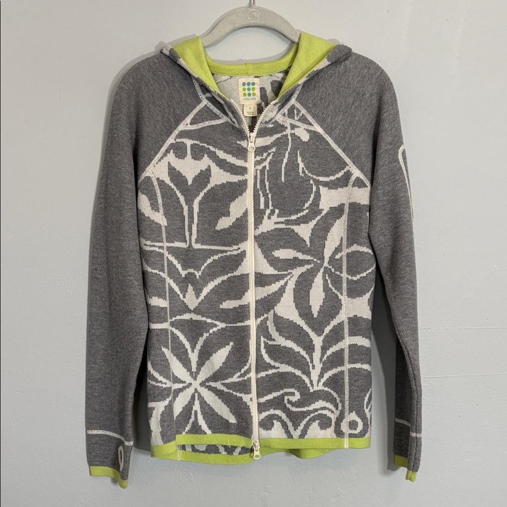Title Nine Gray, White, and Green Patterned Zip-Up Hooded Cardigan